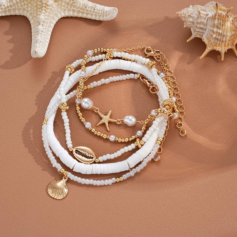 Shall Shell Boho Shell Ankle Bracelet Set for Women, 5 Pairs 14K Boho Bead Handmade Adjustable Anklet, Hawaiian Beach Seashell Starfish Foot Jewelry Gifts - Image 5
